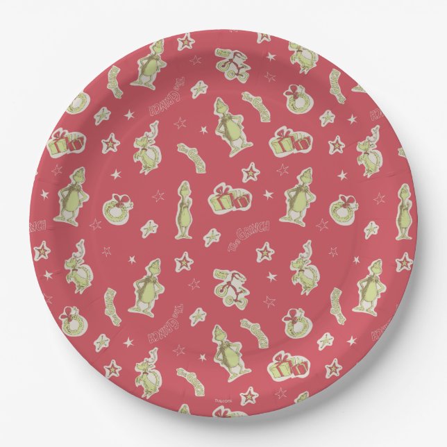 Prato De Papel Dr. Seuss | Grinch | Padrão de Natal Vermelho (Frente)