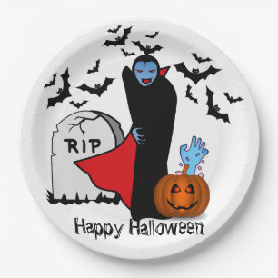 Prato De Papel Dracula Zombie Mão Pumpkin Bats E Uma Tombstone