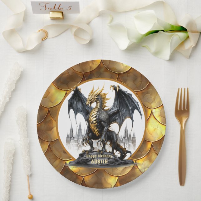 Prato De Papel Dragão Dourado e Preto com Borda de Escamas de Dra (Casamento)