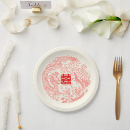 Prato De Papel Dragão e casamento chinês vermelho-bege de Phoenix