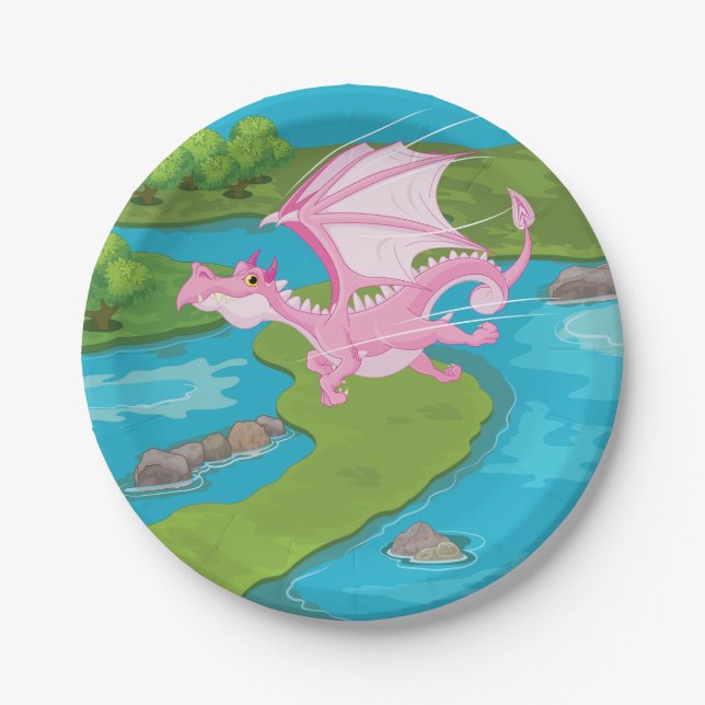 Prato De Papel Dragão Voador Rosa Sobre o Rio (Frente)