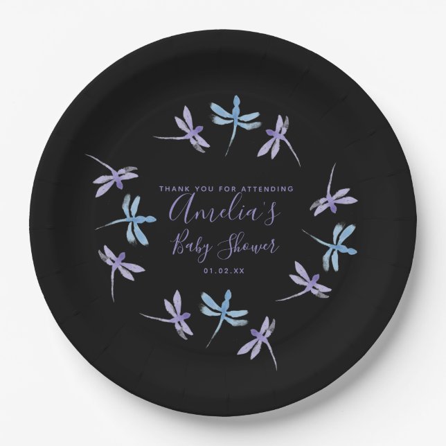 Prato De Papel Dragonflies Mão Chá de fraldas Pintada Preto (Frente)