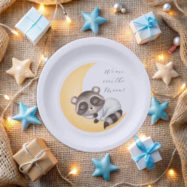 Prato De Papel Dreamy sobre o Chá de fraldas Moon Raccoon Boy (Dreamy Over the Moon Raccoon Boy Baby Shower Paper Plates)