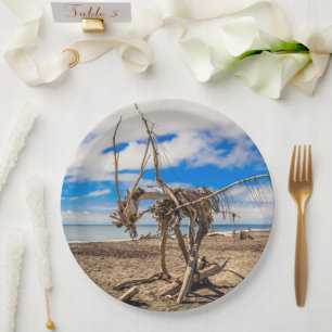 Prato De Papel Driftwood trabalho de arte em Hokitika Beach, Nova