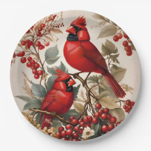 Prato De Papel Duas Aves Cardinais E Berries De Norte Vermelho