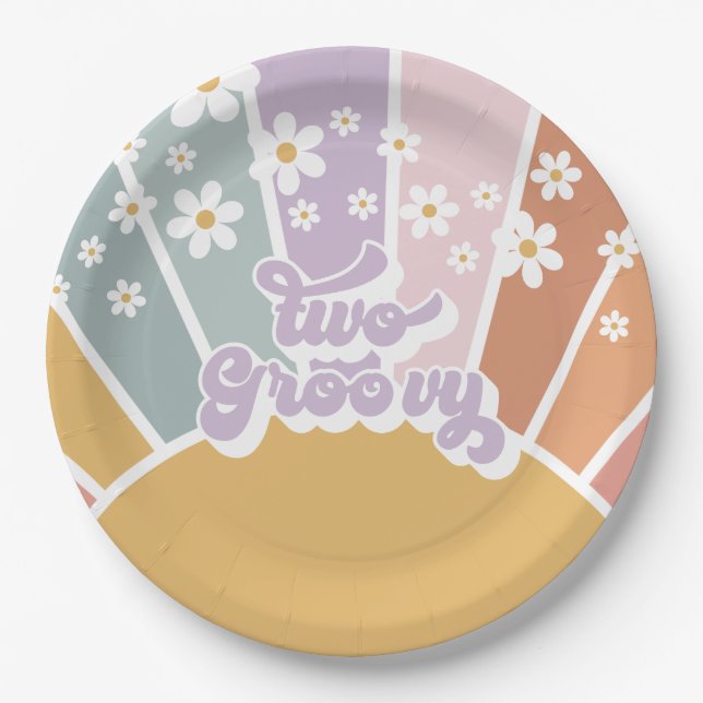 Prato De Papel Duas Groovy Retro Sunshine Rainbow Daisy (Frente)