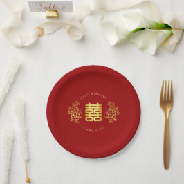 Prato De Papel Dupla felicidade floral casamento chinês vermelho