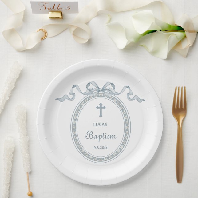Prato De Papel Dusty Blue Arco Frame Grego Baptismo (Casamento)