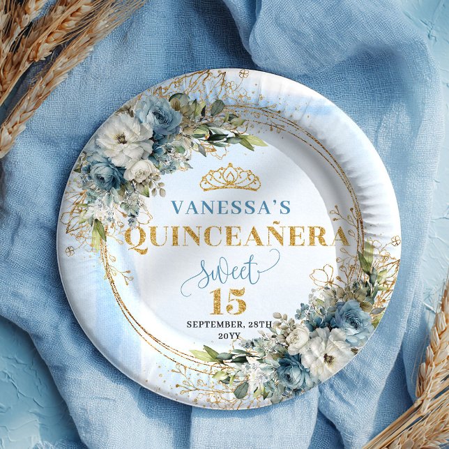Prato De Papel Dusty Blue Boho Greenery Gold Glitter Quinceañera  (Dusty Blue Boho Greenery Gold Glitter Quinceañera Plates)