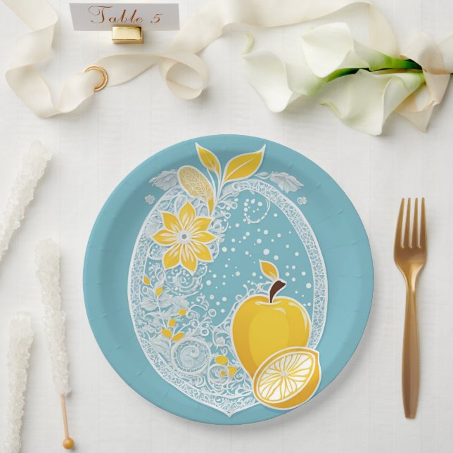 Prato de Papel Dusty Blue Citrus para Chá de Noiva (Casamento)