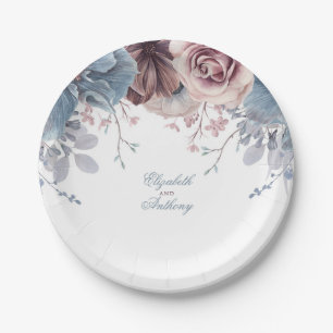 Prato De Papel Dusty Blue e Mauve Floral Wedding