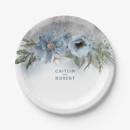 Prato De Papel Dusty Blue e Silver Glitter Elegante Moderno
