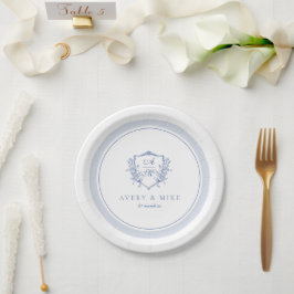 Prato De Papel Dusty Blue Elegant Vintage Rosas Crest Casamento