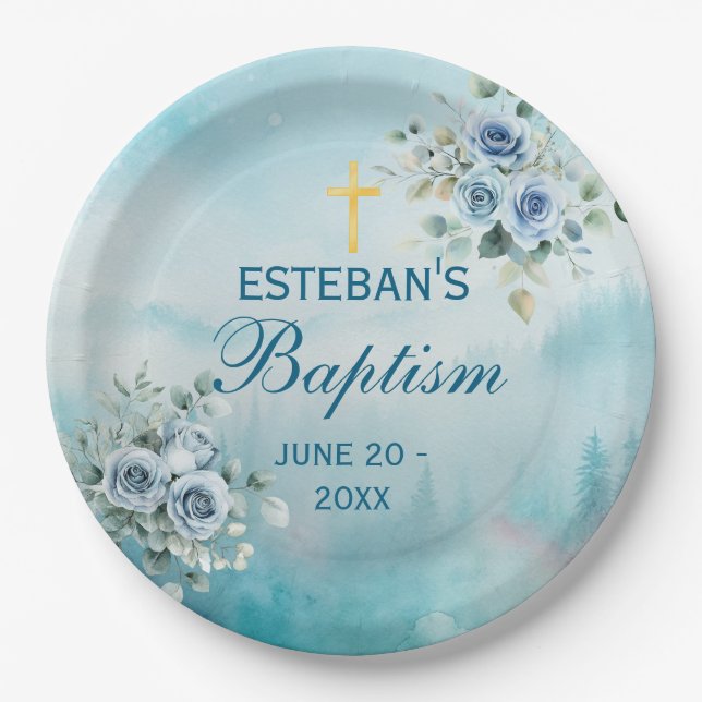 Prato De Papel Dusty Blue Floral Rose (Frente)