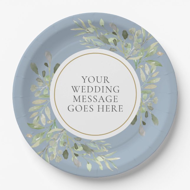 Prato de papel Dusty Blue Greenery para casamento (Frente)