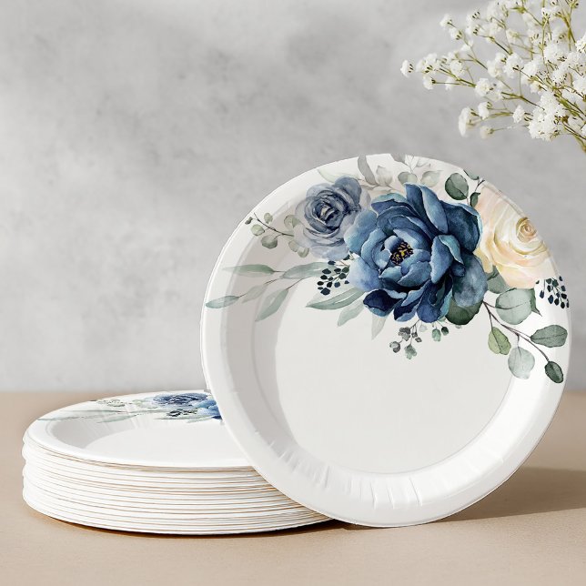 Prato De Papel Dusty Blue Marinho Champanhe Ivory Floral Casament (Dusty Blue Navy Champagne Ivory Floral Wedding Paper Plates)
