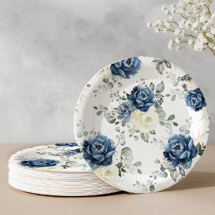 Prato De Papel Dusty Blue Marinho Champanhe Ivory Floral Pap