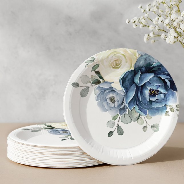 Prato De Papel Dusty Blue Marinho Champanhe Ivory Floral Pap (Dusty Blue Navy Champagne Ivory Floral Wedding Pap Paper Plates)