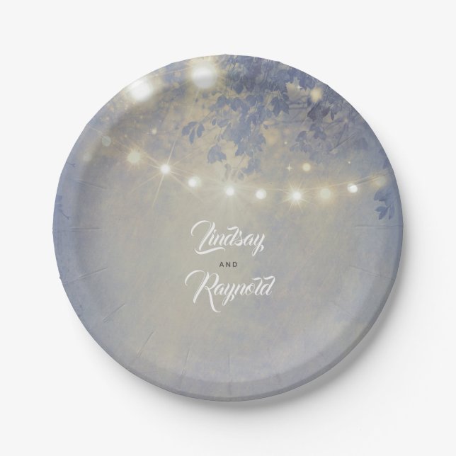 Prato De Papel Dusty Blue Rustic String Luzes Casamento (Frente)