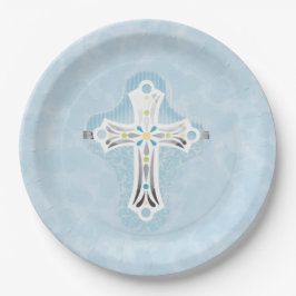 Prato De Papel Dusty Blue Watercolor Floral Cross Baptism