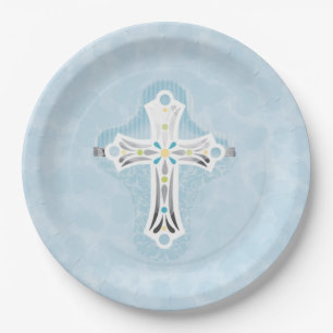 Prato De Papel Dusty Blue Watercolor Floral Cross Baptism