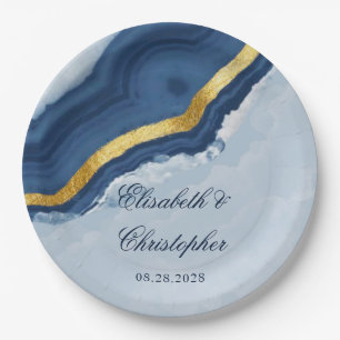 Prato De Papel Dusty Marinho Blue e Dourado Agate Weding