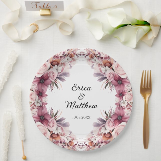 Prato De Papel Dusty Pink Boho Floral Casamento (Casamento)