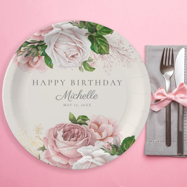 Prato De Papel Dusty Rosa Vintage Floral Women's Birthday (Blush pink vintage floral custom paper plates)