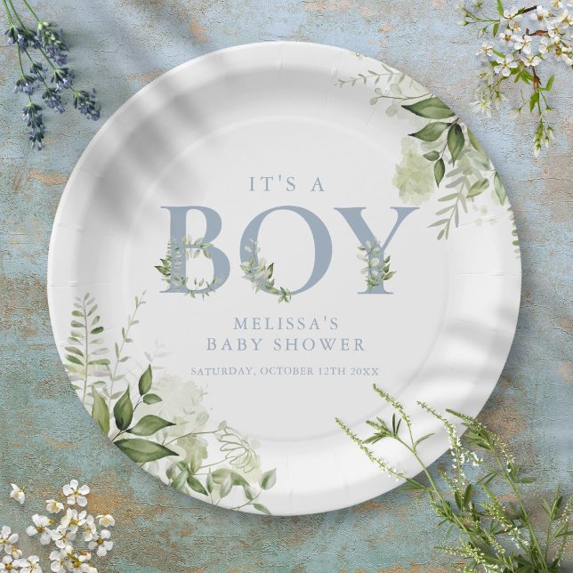 Prato De Papel É Um Garoto Verde Dusty Chá de fraldas Azul (Its A Boy Greenery Dusty Blue Letter Baby Shower Paper Plates)