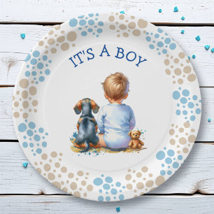 Prato De Papel É um menino Bebê e Dachshund Chá de fraldas