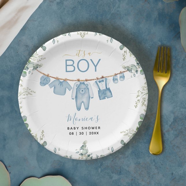 Prato De Papel É um menino, Chá de fraldas azul, roupas verdes (It’s a Boy Blue Boho Clothes Greenery Baby Shower Paper Plates)