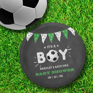 Prato De Papel É um menino! Chá de fraldas de futebol pensado