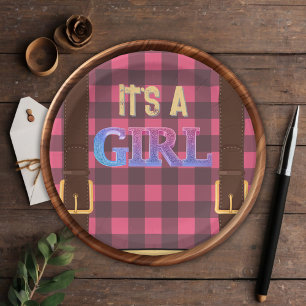Prato De Papel É uma menina Rustic Lumberjack Flannel Chá de fral