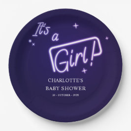 Prato De Papel É uma Menina! Texto Neon Roxo Chá de Bebê