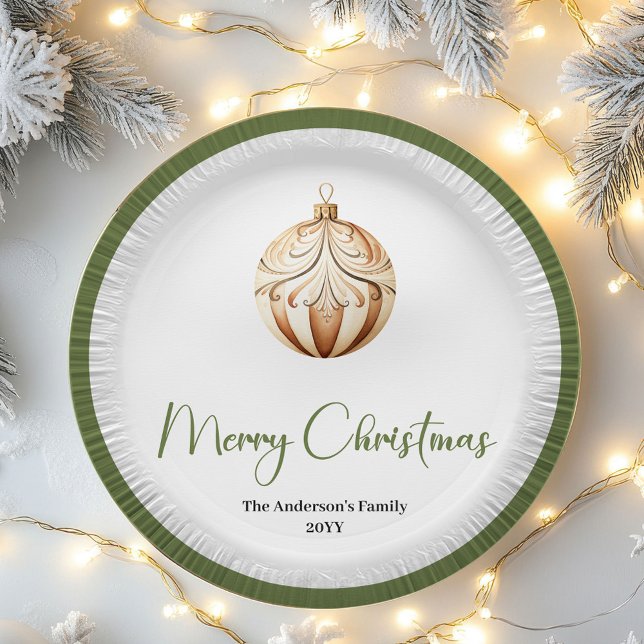 Prato De Papel Earthy Christmas Bauble Family Name Holiday   (Personalized Minimal Christmas Tree Tableware Bundle)