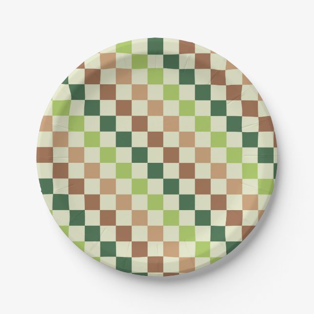 Prato De Papel Earthy rainbow diagonal checkerboard pattern (Frente)