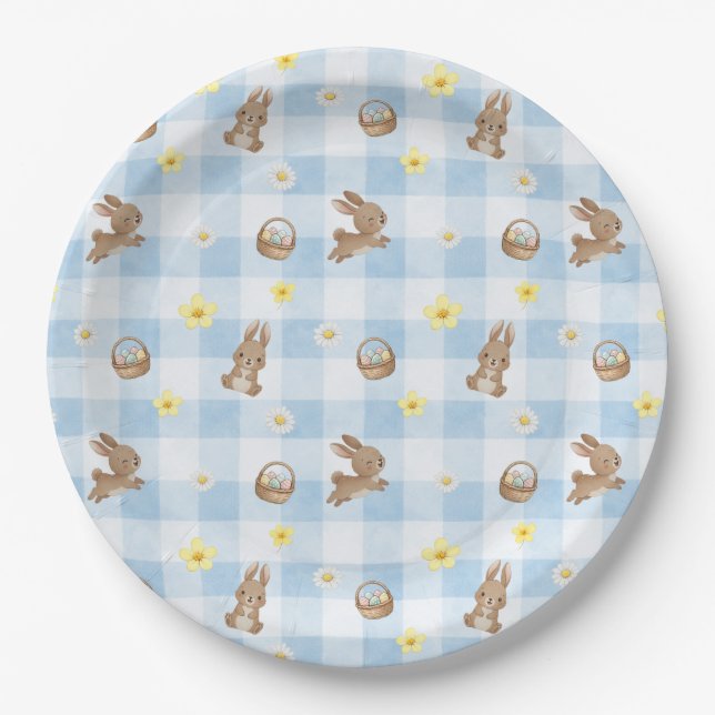 Prato De Papel Easter Bunny Blue Gingham (Frente)