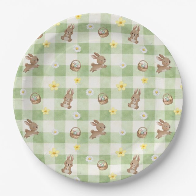 Prato De Papel Easter Bunny Green Gingham (Frente)