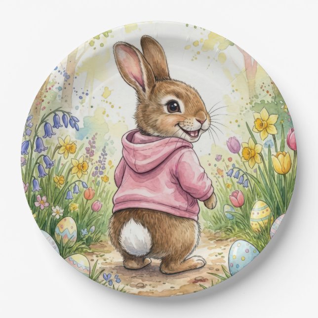 Prato De Papel Easter Bunny in a Spring Garden (Frente)