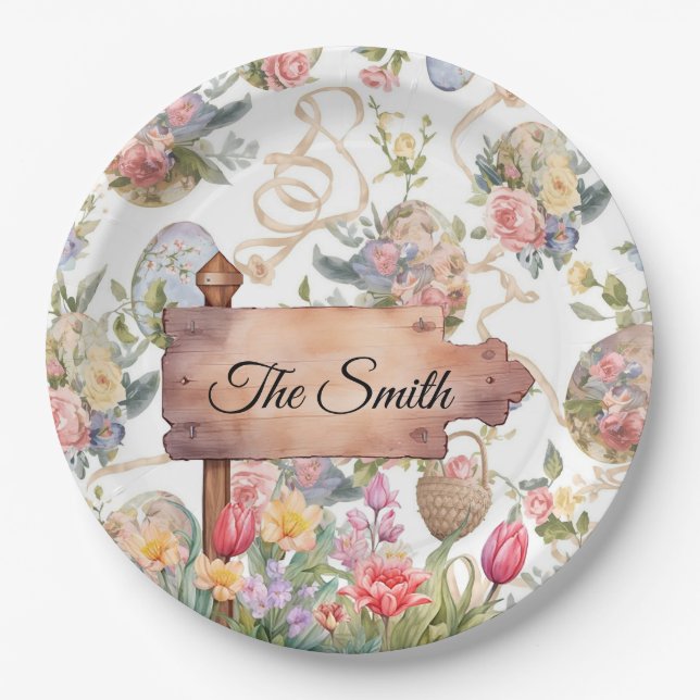 Prato De Papel Easter Egg Hunt Party with Family Name (Frente)