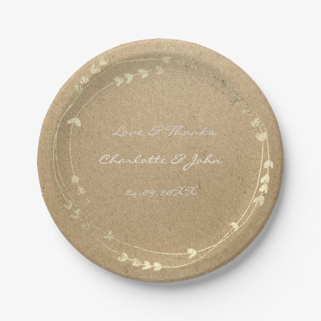 Prato De Papel Eco Kraft Natural Foxier Dourado Wreath Heart (Frente)