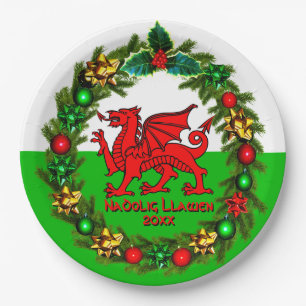 Prato De Papel Editar Ano do Welsh Flag Red Dragon Natal 9"