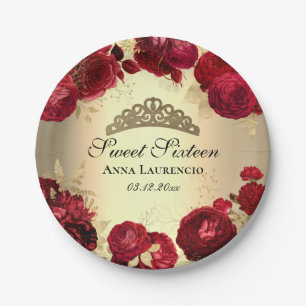 Prato De Papel Edulcorante Dourado Vermelho Elegante Doce Floral