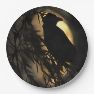 Prato De Papel Eerie Raven Silhouette Contra Uma Lua Brilhante