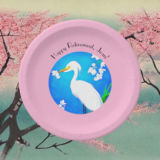 Prato De Papel Egret com Sakura Cherry Blossoms e Blue Sky