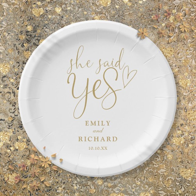 Prato De Papel Ela Disse Sim Festa de noivado Elegante Dourada (She Said Yes Engagement Party Elegant Gold Paper Plates
)
