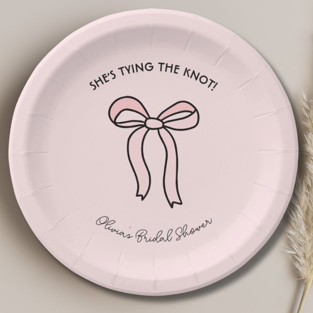Prato De Papel Ela é Casando de Arco rosa (She's Tying The Knot Blush Pink Bow Bridal Shower Paper Plates
)