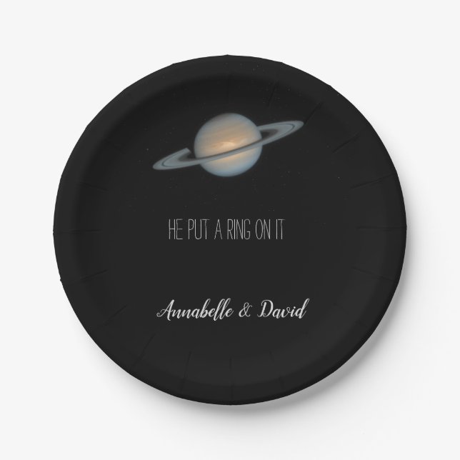 Prato De Papel Ele colocou um anel em seu Saturno na festa espaci (Frente)