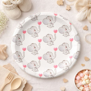 Prato de Papel Elefante Bebê Coração Rosa