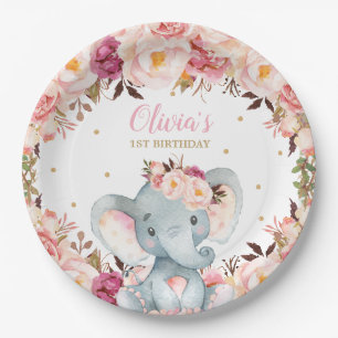 Prato De Papel Elefante - Chá de fraldas Birthday Blush Floral 9